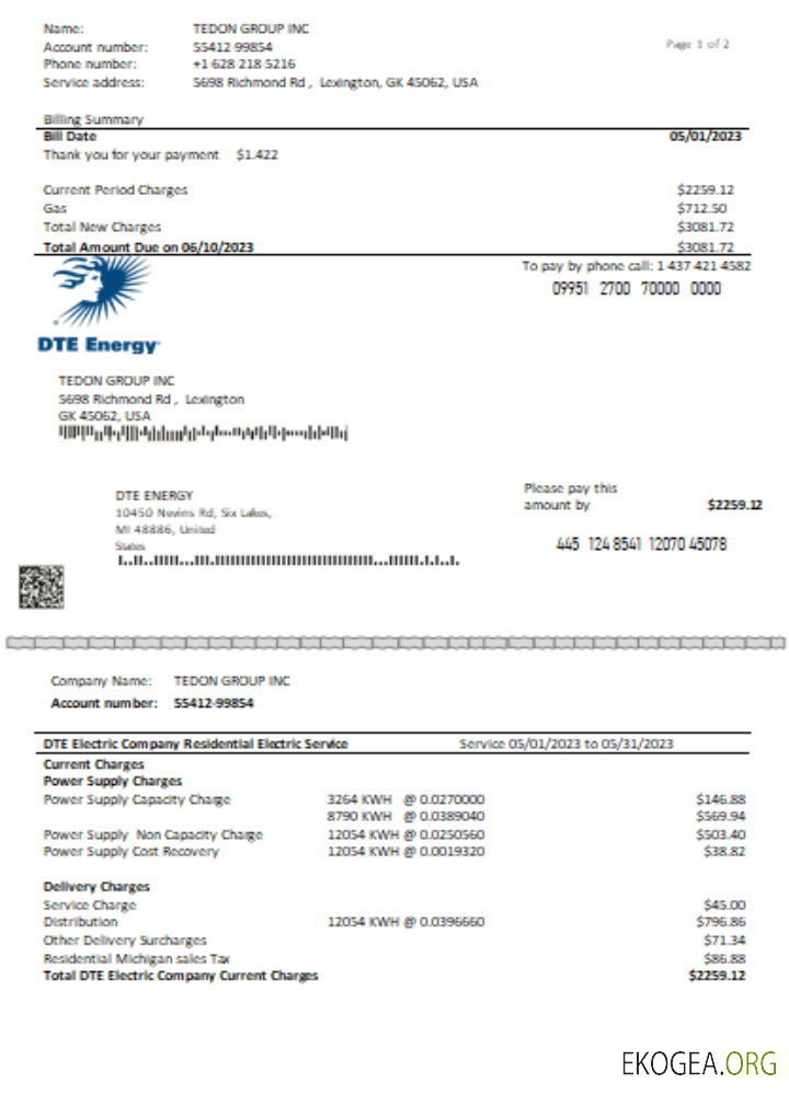 Facture commerciale du service public d'énergie DTE SCR page 1